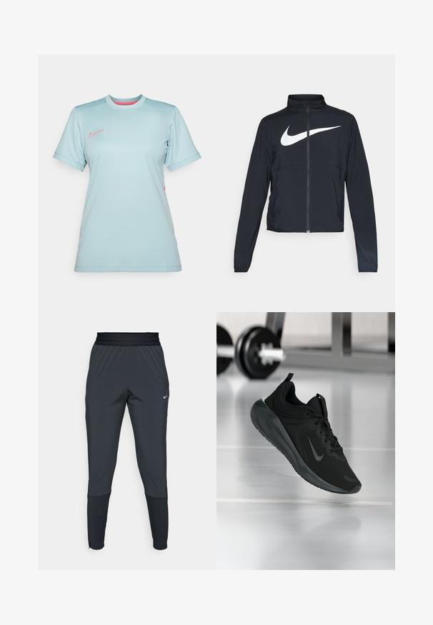 Must musta täispikk vary hoodie kõrge krae, pikad varrukad ja suur valge Nike swooshi logo rinnal.; Hele sinine sportlik T-särk lühikeste varrukatega, ümar kaelus ja roosa Nike logo rinna peal. Sile, niiskust eemal hoidva kangaga.; Nike spordipüksid tumeshallis, kitsa jala disainiga, elastse vöökoha ja aktsentdetailidega pahkluude lähedal.; Mustad mustang spordijalatsid Nike logo'ga, õhus spordisaali põrandal, häguste hantlite riiulitega taustal.