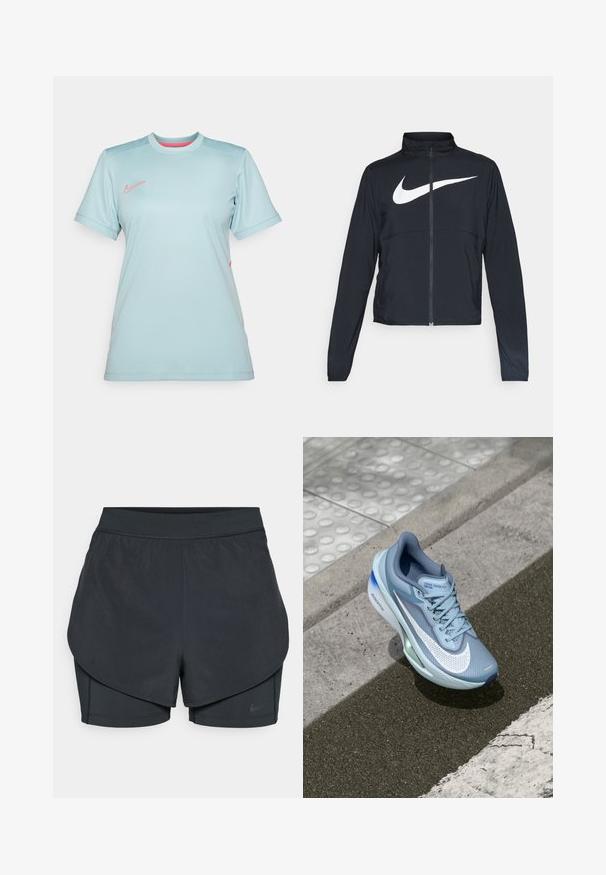 Crna sportska jakna s punim patentnim zatvaračem, visokim ovratnikom, dugim rukavima i velikim bijelim Nike swoosh logom preko grudi.; Svijetloplava sportska majica kratkih rukava, s okruglim izrezom i ružičastim Nike logotipom na prsima. Glatka, tkanina koja upija vlagu.; Crne atletske kratke hlače s višeslojnim dizajnom, koje sadrže glatki vanjski sloj i uske unutarnje hlače. Izrađene od lagane, rastezljive tkanine.; Svijetloplava Nike Zoom Fly trkaća cipela s prozračnom mrežastom gornjom konstrukcijom, prepoznatljivim bijelim Swooshom i zelenim detaljima na potplatu.
