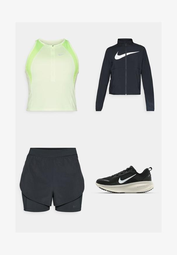 Crna sportska jakna s punim patentnim zatvaračem, visokim ovratnikom, dugim rukavima i velikim bijelim Nike swoosh logom preko grudi.; Prilagođena majica bez rukava svijetlozelene boje s prozračnim mrežastim panelima. Ima prednji patent zatvarač i suptilni Nike logo. Glatka tekstura.; Crne atletske kratke hlače s višeslojnim dizajnom, koje sadrže glatki vanjski sloj i uske unutarnje hlače. Izrađene od lagane, rastezljive tkanine.; Crne Nike trkačke tenisice s prozračnom mrežastom gornjom konstrukcijom, bijelim swoosh logotipom, teksturiranim detaljima i kremastom ZoomX srednjom potplatnom jedinicom.