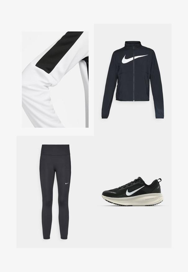 Μαύρο σπορ μπουφάν με πλήρη φερμουάρ, ψηλό λαιμό, μακριά μανίκια και μεγάλο λευκό logo Nike στον θώρακα.; Αθλητικό μπλουζάκι μανίκι με λευκή βάση, διαθέτοντας μαύρη διχτυωτή ταινία και λεία υφή υφάσματος. Ξεχωριστός αντίκτυπος μαύρου και λευκού χρώματος.; Μαύρες κολάν από ελαστικό ύφασμα, με ψηλή μέση και λευκό λογότυπο Nike στο αριστερό μηρό. Λείος υφής, εφαρμοστή σχεδίαση.; Μαύρο αθλητικό παπούτσι Nike με αναπνεύσιμο μανίκι από ύφασμα, λευκό λογότυπο swoosh, ανάγλυφη λεπτομέρεια και μεσαία σόλα ZoomX σε κρέμα απόχρωση.