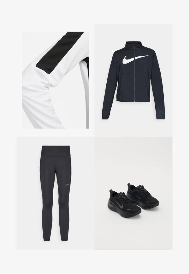 Schwarze Sportjacke mit vollem Reißverschluss, hohem Kragen, langen Ärmeln und großem weißen Nike-Swoosh-Logo auf der Brust.; Sportshirt mit weißen Grundfarbe, versehen mit einem schwarzen Netzpaneel und glatter Stofftextur. Deutlicher Kontrast zwischen Schwarz und Weiß.; Schwarze Leggings aus elastischem Stoff, mit einem hohen Bund und einem weißen Nike-Logo auf dem linken Oberschenkel. Glatte Textur, figurbetontes Design.; Schwarze Turnschuhe mit strukturiertem Obermaterial, geschnürtem Design und dicker, gepolsterter Sohle. Mit einem grauen Nike-Logo an jeder Seite.