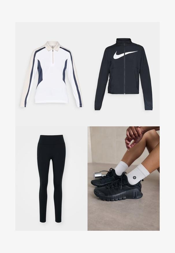 Casaco desportivo preto com fecho éclair completo, gola alta, mangas longas e grande logótipo branco da Nike na parte frontal.; Camisa polo de manga longa com corpo branco, detalhes laterais em azul-marinho e ombros em bege claro. Possui um colarinho com fecho éclair para um ajuste personalizado.; Leggings pretos feitos de material elástico com uma cintura alta. Textura suave, design ajustado e sem adornos ou padrões visíveis.; Sapatilhas atléticas pretas com tecido texturizado, design com atacadores e uma sola proeminente, emparelhadas com meias brancas com nervuras e um pequeno logótipo.