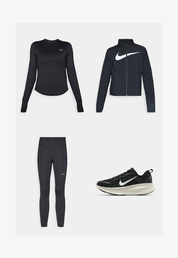 Schwarze Sportjacke mit vollem Reißverschluss, hohem Kragen, langen Ärmeln und großem weißen Nike-Swoosh-Logo auf der Brust.; Schwarzes langärmliges Sportshirt aus glattem, dehnbarem Material. Verfügt über einen abgerundeten Saum und ein kleines weißes Nike-Logo auf der Brust.; Schwarze Leggings aus elastischem Stoff, mit einem hohen Bund und einem weißen Nike-Logo auf dem linken Oberschenkel. Glatte Textur, figurbetontes Design.; Schwarzer Nike-Laufschuh mit atmungsaktivem Mesh-Obermaterial, weißem Swoosh-Logo, strukturierten Details und einer cremefarbenen ZoomX-Zwischensohle.