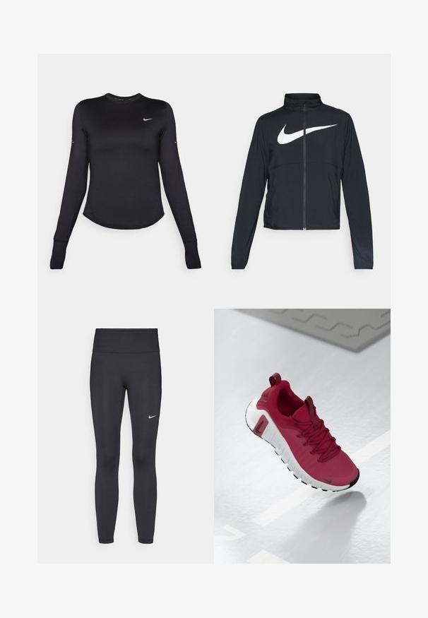 Čierna športová bunda na zips s vysokým golierom, dlhými rukávmi a veľkým bielym logom Nike na hrudi.; Čierna atletická košeľa s dlhým rukávom vyrobená z hladkého, pružného materiálu. Má zaoblený lem a malé bíle logo Nike na hrudi.; Čierne legíny z elastického materiálu, s vysokým pásom a bielym logom Nike na ľavom stehne. Hladká textúra, priliehavý dizajn.; Červená atletická obuv s textúrovaným zvrškom, šnúrkami a hrubou bielou podrážkou. Má kontrastný čierny špic a logo na boku.