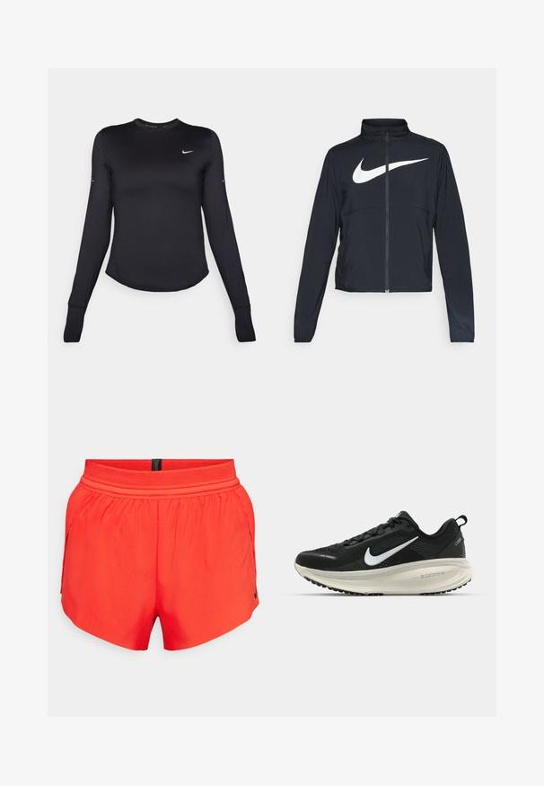 Črna športna jakna z polnim zadrgo, visokim ovratnikom, dolgimi rokavi in velikim belim logotipom Nike swoosh čez prsi.; Črna dolga majica za šport z dolgimi rokavi, izdelana iz gladkega, raztegljivega materiala. Ima zaobljen rob in majhen bel Nike logotip na prsih.; Rdeče atletske hlače iz lahkotnega materiala z elastičnim pasom, ki imajo stranske žepe in majhen črn logotip na robu.; Črne Nike tekaške čevlje z zračno mrežno zgornjim delom, belim logotipom Swoosh, teksturiranimi detajli in smetanasto barvnim srednjim delom ZoomX.