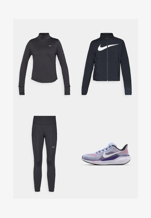 Black full-zip sports jacket with high collar, long sleeves, and large white Nike swoosh logo across the chest.; Black long-sleeve turtleneck shirt with a subtle textured pattern, featuring a small white Nike logo on the chest and thumbholes in the cuffs.; Black leggings made of stretchy fabric, featuring a high waistband and a white Nike logo on the left thigh. Smooth texture, form-fitting design.; Light blue Nike running shoe with mesh upper, purple accents, black heel, and white sole featuring "AIR 200" branding in red.