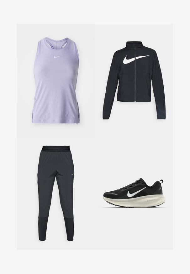 Crna sportska jakna s punim patentnim zatvaračem, visokim ovratnikom, dugim rukavima i velikim bijelim Nike swoosh logom preko grudi.; Svijetloplavi atletski top s okruglim izrezom i dizajnom s otvorenim leđima. Ima mali bijeli logotip na prsima i bočne proreze. Glatka tekstura.; Nike sportske hlače u tamnosivoj boji, sa suženim krojem, elastičnom najlonskom trakom u struku i ukrasnim detaljima blizu manžeta.; Crne Nike trkačke tenisice s prozračnom mrežastom gornjom konstrukcijom, bijelim swoosh logotipom, teksturiranim detaljima i kremastom ZoomX srednjom potplatnom jedinicom.