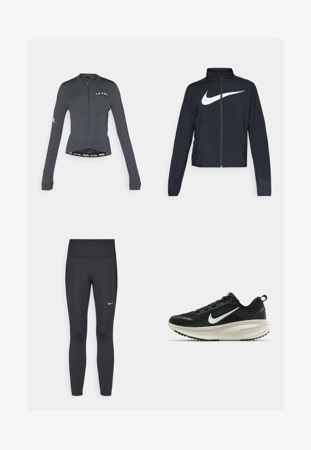 Czarna bluza sportowa na zamek błyskawiczny z wysokim kołnierzem, długimi rękawami i dużym białym logo Nike na klatce piersiowej.; Ciemnoszara, długorękawowa koszulka rowerowa z pełnym zamkiem, z logo "LE COL" na klatce piersiowej oraz kontrastowym detalem w pasie.; Czarne legginsy z elastycznego materiału, z wysokim pasem i białym logo Nike na lewym udzie. Gładka tekstura, dopasowany krój.; Czarna biegowa półbut z oddychającej siateczki, białym logo swoosh, teksturowanymi detalami oraz kremową podeszwą środkową ZoomX.