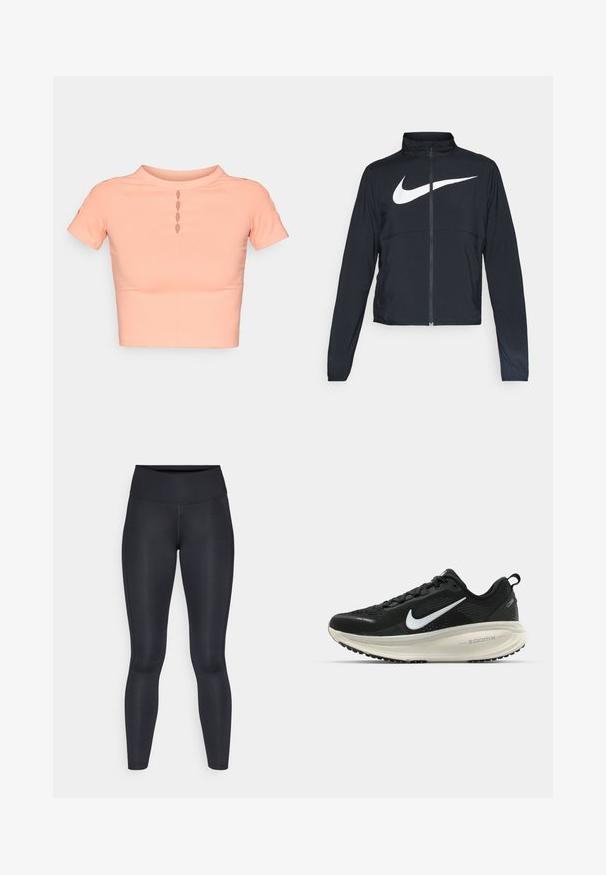Černá sportovní bunda na zip s vysokým límcem, dlouhými rukávy a velkým bílým logem Nike swoosh přes prsa.; Krátký rukáv cropped top v jemné broskvové tkanině s vysokým límcem a řadou pěti výřezů vpředu. Hladký materiál, přiléhavý střih.; Černé legíny vyrobené z hladké, elastické tkaniny. Vysoký pas bez viditelných vzorů nebo akcentů. Těsně přiléhají od pasu k kotníkům.; Černá běžecká obuv Nike s prodyšným síťovaným svrškem, bílým logem swoosh, texturovanými detaily a krémovou mezipodešví ZoomX.