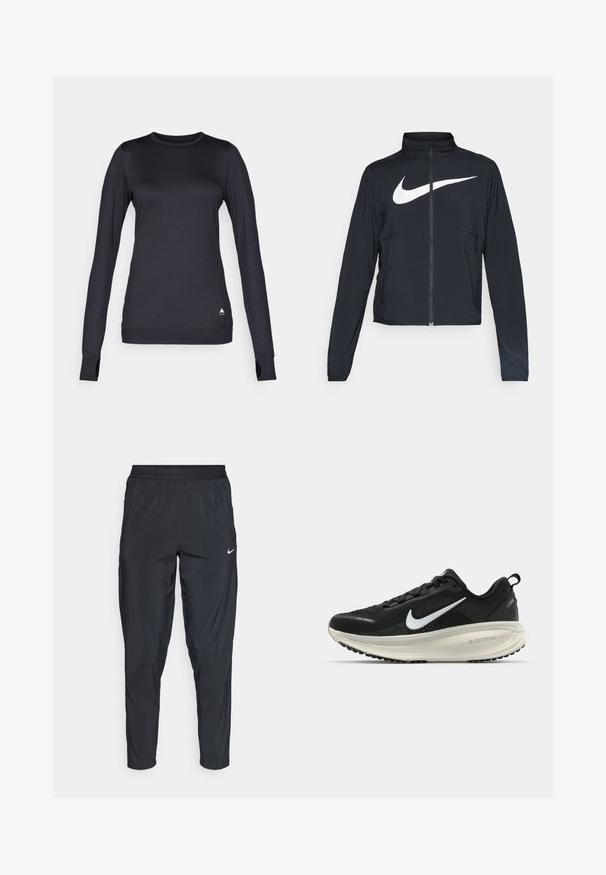 Casaco desportivo preto com fecho éclair completo, gola alta, mangas longas e grande logótipo branco da Nike na parte frontal.; Top desportivo de manga longa preto, feito de um tecido liso e elástico. Apresenta um decote redondo, buracos para os polegares e um pequeno logótipo na parte inferior.; Calças desportivas pretas com cintura elástica, pernas ajustadas e um pequeno logo branco na coxa esquerda. Tecido leve e suave.; Sapatilha de corrida Nike preta com parte superior de malha respirável, logotipo Swoosh branco, detalhes texturizados e uma entressola ZoomX na cor creme.