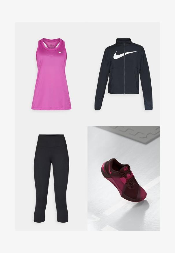 Must musta täispikk vary hoodie kõrge krae, pikad varrukad ja suur valge Nike swooshi logo rinnal.; Nike Performance TANK - Topp - hot fuchsia; Mustad mustad õhukesed leggingud, mis on valmistatud venivast kangast, kõrge vöökoha ja siledaga, ilma nähtavate mustrite või metalldetailideta.; Tume kastanji sportlik king, millel on roosa aktsent. Omab võrkkonstruktsiooni pealisosa, ümarat ninaosa ja tekstureeritud tallat. Paelad ja logo on selgelt esile toodud.