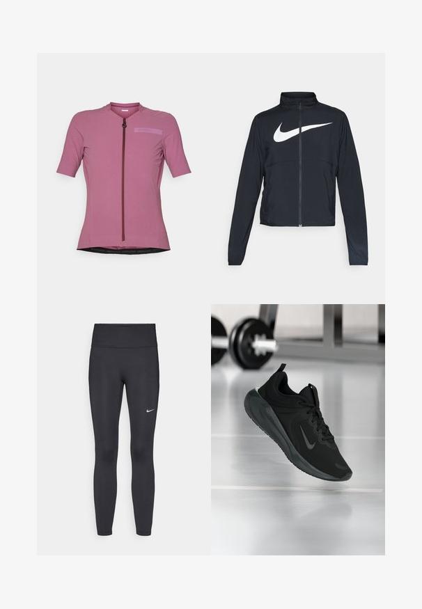Veste de sport noire zippée sur toute la longueur avec un col haut, des manches longues et un grand logo Nike swoosh blanc sur la poitrine.; Maillot de cyclisme à manches courtes en rose clair, avec une fermeture éclair à l'avant, un tissu texturé et un patch logo dans une teinte légèrement plus foncée.; Leggings noirs en tissu extensible, dotés d'une taille haute et d'un logo Nike blanc sur la cuisse gauche. Texture lisse, design ajusté.; Baskets de sport noires avec le logo Nike, montrées en l'air au-dessus d'un sol de gym, avec un rack de haltères flou en arrière-plan.