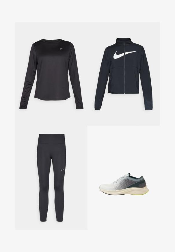 Veste de sport noire zippée sur toute la longueur avec un col haut, des manches longues et un grand logo Nike swoosh blanc sur la poitrine.; T-shirt d'entraînement à manches longues noir en tissu léger. Présente un col rond et un petit logo sur la poitrine. Texture lisse.; Leggings noirs en tissu extensible, dotés d'une taille haute et d'un logo Nike blanc sur la cuisse gauche. Texture lisse, design ajusté.; Baskets de course légères avec une tige en mesh texturé gris et blanc, une semelle flexible et un accent vert lime sur la semelle extérieure.
