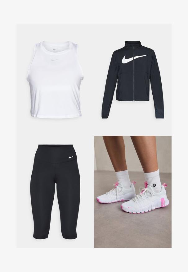 Melnā sporta jaka ar pilnu rāvējslēdzēju, augstu apkakli, garām piedurknēm un lielu baltu Nike swoosh logotipu krūšu daļā.; Balts bezpiegu krekls ar īsu garumu, izgatavots no gludas Dri-FIT auduma. Iezīmēts ar mazu pelēku Nike logotipu uz krūšu daļas un apaļu kakla izgriezumu.; Nike melnās capri leggingas izceļas ar augstu jostasvietu, gludu elastīgu audumu un diskreto logotipa detaļu priekšā.; Baltie sporta apavi ar rozā akcentiem, plūstošs dizains, teksturēts sietiņš augšdaļā un elastīga gumijas zole. Iekļauts logo un vilkšanas cilpa.