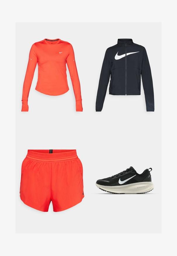 Sort fuld-zip sportsjakke med høj krave, lange ærmer og stort hvidt Nike swoosh-logo på brystet.; Langærmet træningsshirt, lys orange stof, rund halslinje, hvidt Nike-logo på brystet, tommelhuller i ærmerne, strømlinet pasform, glat tekstur.; Røde atletiske shorts lavet af letvægtsstof med elastisk talje, der har sidelommer og et lille sort logo i kanten.; Sort Nike løbesko med åndbart mesh-overdel, hvidt swoosh-logo, tekstureret detaljering og en cremede ZoomX mellemsål.
