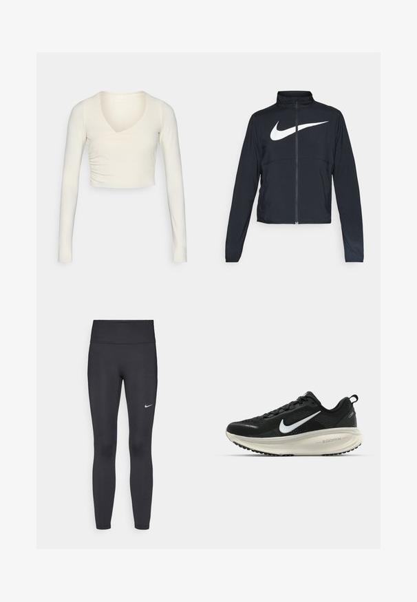 Schwarze Sportjacke mit vollem Reißverschluss, hohem Kragen, langen Ärmeln und großem weißen Nike-Swoosh-Logo auf der Brust.; Langärmliges, cremefarbenes Cropped-Top mit V-Ausschnitt und gerafftem Seitendetail, aus dehnbarem Stoff für einen figurbetonten Look.; Schwarze Leggings aus elastischem Stoff, mit einem hohen Bund und einem weißen Nike-Logo auf dem linken Oberschenkel. Glatte Textur, figurbetontes Design.; Schwarzer Nike-Laufschuh mit atmungsaktivem Mesh-Obermaterial, weißem Swoosh-Logo, strukturierten Details und einer cremefarbenen ZoomX-Zwischensohle.