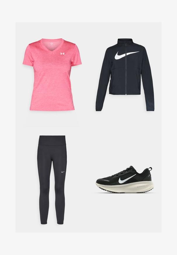 Svart joggebund med hel glidelås, høy krage, lange ermer og stort hvitt Nike swoosh-logo over brystet.; Rosa kortermet V-hals T-skjorte laget av lett stoff, med en subtil heathered tekstur og en hvit logo på venstre bryst.; Sorte leggings laget av elastisk stoff, med høy livlinje og en hvit Nike-logo på venstre lår. Glatt tekstur, kroppsnær passform.; Svart Nike løpesko med pustende mesh-overdel, hvit swoosh-logo, teksturert detaljer og en kremfarget ZoomX mellomsåle.