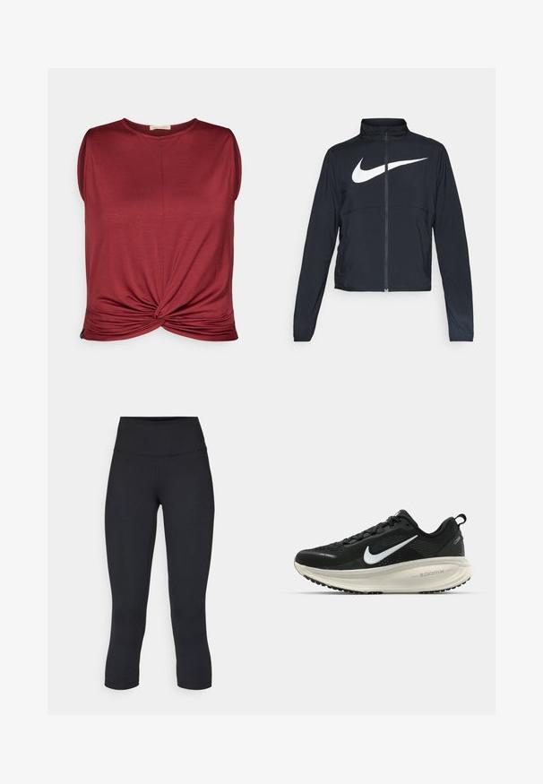 Giacca sportiva nera con zip completa, colletto alto, maniche lunghe e grande logo swoosh bianco Nike sul petto.; Top senza maniche color marrone bordeaux con scollatura rotonda e nodo attorcigliato sul davanti. Realizzato in materiale morbido con una texture liscia.; Leggings cropped neri realizzati in tessuto elasticizzato, con vita alta e texture liscia, senza motivi o componenti visibili.; Scarpa da corsa nera Nike con tomaia in rete traspirante, logo Swoosh bianco, dettagli testurizzati e intersuola ZoomX di colore crema.