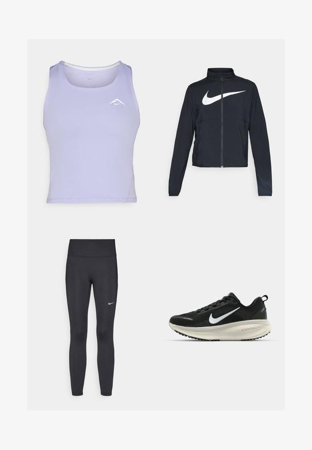 Must musta täispikk vary hoodie kõrge krae, pikad varrukad ja suur valge Nike swooshi logo rinnal.; Lilla tank top niiskust imavast materjalist, ümarate kaelus ja külgmised õmblused, väike valge logo aktsent.; Mustad mustadest leggingid, mis on valmistatud venivast kangast, kõrge vöökoha ja valge Nike logo abil vasakul reiel. Sile tekstuur, keha järgiv disain.; Musthave mustus Nike jooksujalats, millel on hingav võrgust ülemine osa, valge swoosh logo, tekstuuriga detailid ja kreemja värvusega ZoomX vahevöö.