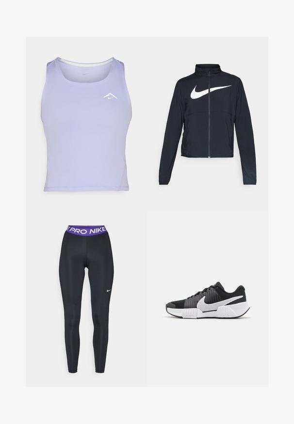 Musta urheilutakki, jossa on täysivetoketju, korkea kaulus, pitkät hihat ja suuri valkoinen Nike-tikkauksella rintaosa.; Violetti toppi, joka on valmistettu kosteutta siirtävästä materiaalista, pyöreällä pääntieellä ja sivusaumalla, pieni valkoinen logotehoste.; Mustat urheilutrikoot, joissa on sileä pinta. Vyötäröllä on violetti vyö, jossa lukee "NIKE PRO", ja toisella sivulla on pieni valkoinen Nike-logo.; Mustavalkoiset urheilukengät, joissa on teksturoitu päällinen, keskeinen Nike-logon muotoilu ja kontrastivärinen pohjamuotoilu paremman pidon ja vakauden saavuttamiseksi.