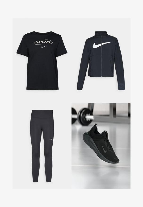 Must musta täispikk vary hoodie kõrge krae, pikad varrukad ja suur valge Nike swooshi logo rinnal.; Mustast puuvillast T-särk, millel on valge "SPURS" logo ja väike Nike kaubamärk all. Lühikesed varrukad ja klassikaline ümmargune kaelus.; Mustad mustadest leggingid, mis on valmistatud venivast kangast, kõrge vöökoha ja valge Nike logo abil vasakul reiel. Sile tekstuur, keha järgiv disain.; Mustad mustang spordijalatsid Nike logo'ga, õhus spordisaali põrandal, häguste hantlite riiulitega taustal.