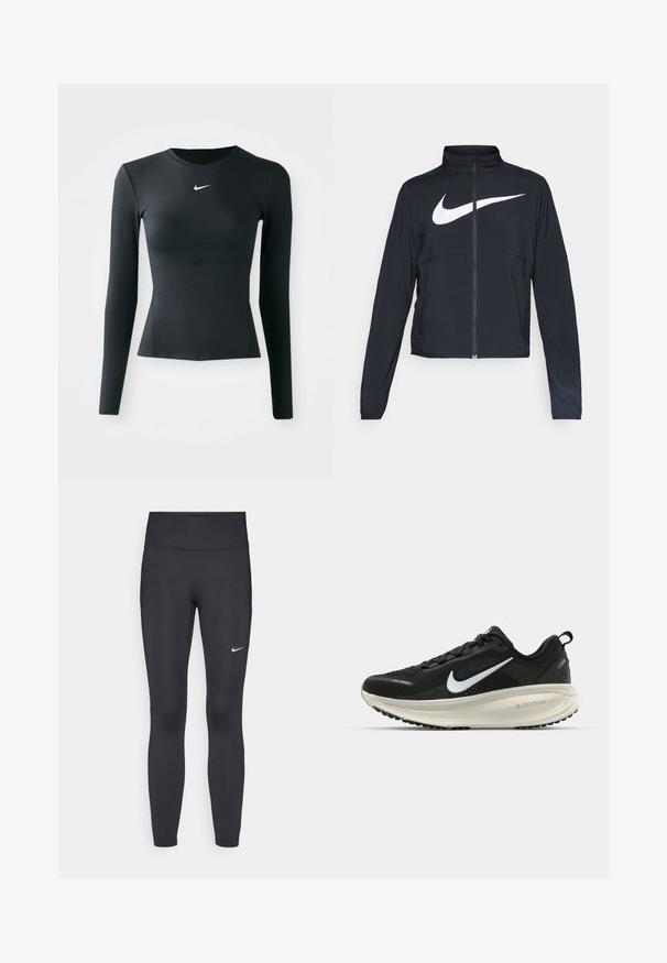 Juodas sportinis džemperis su visiškai užtraukiama užtrauktuku, aukšta apykakle, ilgomis rankovėmis ir dideliu baltu Nike swoosh logotipu per krūtinę.; Juodas ilgomis rankovėmis prigludęs marškinėlis, pagamintas iš lygios, tampraus audinio. Turi apvalų kaklą ir mažą baltą Nike logotipą krūtinėje.; Juodi leggingai iš elastingos medžiagos, turintys aukštą juosmenį ir baltą Nike logotipą kairėje šlaunyje. Lygus paviršius, prigludusi dizainas.; Juodas Nike sportinis batelis su kvėpuojančiu tinklu, baltu swoosh logotipu, tekstūruoto dizaino detalėmis ir grietinėlės spalvos ZoomX viduriu.