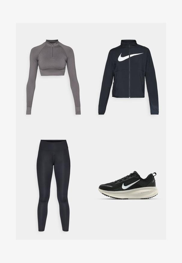Zwarte sportjas met volledige rits, hoge kraag, lange mouwen en groot wit Nike swoosh-logo op de borst.; Grijze cropped lange mouwen top met een halve rits, textuurpatroon en getailleerd ontwerp; heeft ribgebreide manchet en een hoge hals.; Zwarte leggings van glad, rekbaar stof. Hoge taille zonder zichtbare patronen of accenten. Sluiten nauw aan van taille tot enkels.; Zwarte Nike hardloopschoen met ademend mesh bovenwerk, witte swoosh-logo, gestructureerde details en een crèmekleurige ZoomX middenzool.