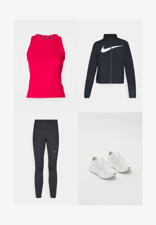 Crna sportska jakna s punim patentnim zatvaračem, visokim ovratnikom, dugim rukavima i velikim bijelim Nike swoosh logom preko grudi.; Crvena sportska majica bez rukava s rebrastom teksturom, zaobljenim izrezom i suptilnim logotipom sprijeda. Sadrži brendiranu crnu oznaku na unutrašnjem izrezu.; Crne tajice izrađene od rastezljivog materijala, s visokim strukom i bijelim Nike logotipom na lijevom bedru. Glatka tekstura, dizajn koji prati obline.; Bijele sportske tenisice s teksturiranim mrežastim gornjim dijelom, podstavljenom potplatom i suptilnim sivim naglascima. Uključuju brendiranje i petlju na peti za lakše obuvanje.