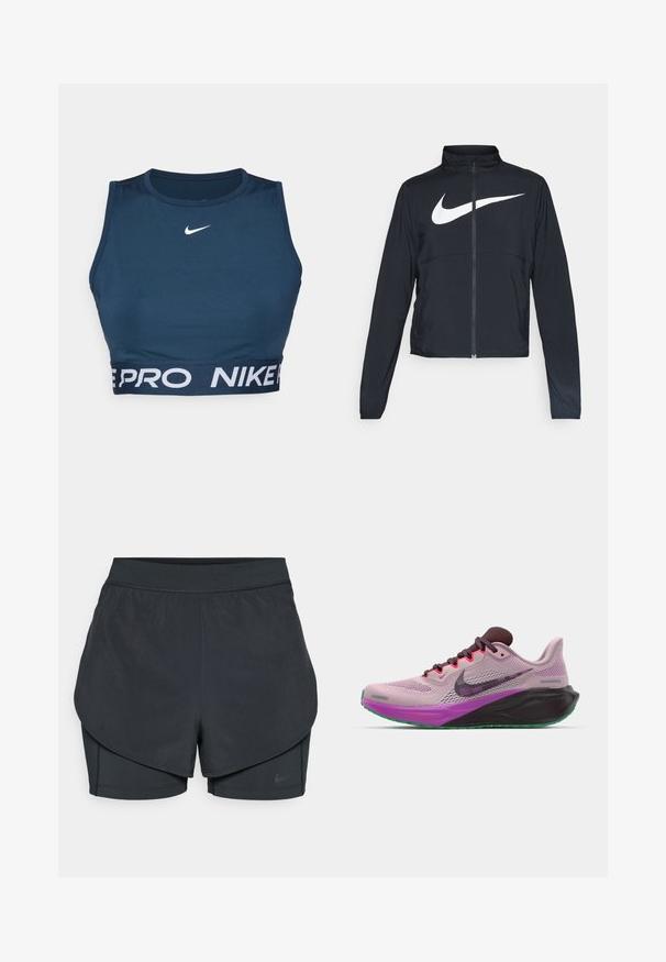 Jachetă sport neagră cu fermoar pe toată lungimea, guler înalt, mâneci lungi și un logo mare alb Nike swoosh pe piept.; Sutien sport navy, fabricat dintr-un material elastic. Previne o gât rotund și dispune de un banderola albă contrastantă cu logo-ul "NIKE PRO" la baza. Textură netedă.; Șorturi sportive negre cu un design stratificat, având o strat exterior neted și șorturi interioare ajustate. Fabricate dintr-un material ușor și elastic.; Pantofi de alergare Nike din plasă roz cu accente violet, având o talpă neagră și o talpă exterioară verde. Se încheie cu șireturi și au un guler căptușit.