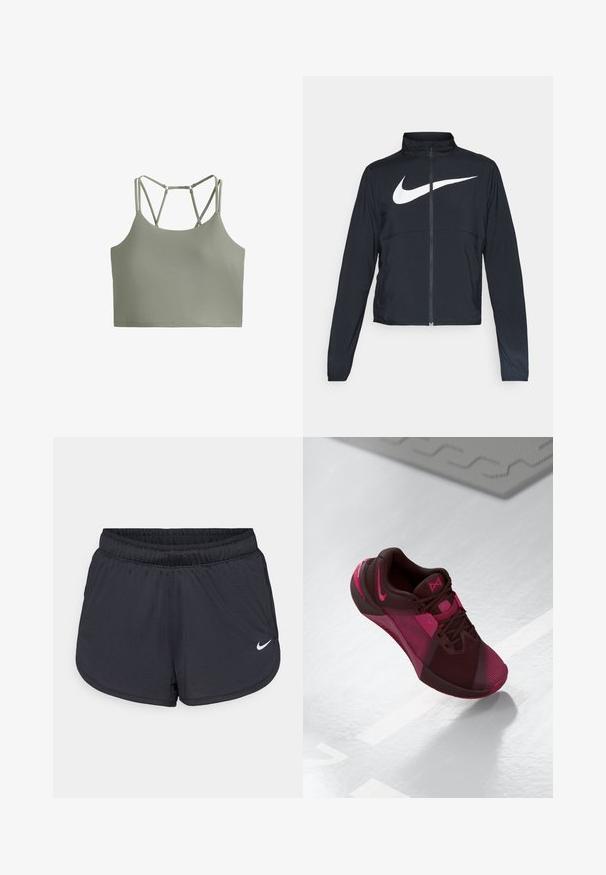 Svart sportjacka med hel dragkedja, hög krage, långa ärmar och stor vit Nike swoosh-logotyp över bröstet.; Ljusgrön bralette med en slät tyg, fyrkantig halsringning och tunna justerbara band som har en korsdesign på baksidan.; Svarta träningsshorts med elastisk midjeresår, med sportig design och en vit Nike-logotyp på nedre framsidan. Texturerat tyg.; Mörkröd sportskor med rosa accenter. Har en överdel i mesh, rundade tår och en texturerad sula. Snören och logotypen är tydligt synliga.
