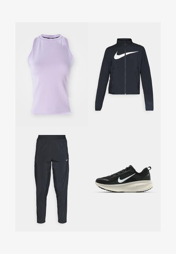 Crna sportska jakna s punim patentnim zatvaračem, visokim ovratnikom, dugim rukavima i velikim bijelim Nike swoosh logom preko grudi.; Lila bezrukavna majica s visokim ovratnikom, rebrastom teksturom i suptilnim logom. Glatka tkanina, uski kroj i bez ukrasa.; Crne sportske hlače s elastičnim pojasom, sužene nogavice i mali bijeli logo na lijevom bedru. Lagana, glatka tkanina.; Crne Nike trkačke tenisice s prozračnom mrežastom gornjom konstrukcijom, bijelim swoosh logotipom, teksturiranim detaljima i kremastom ZoomX srednjom potplatnom jedinicom.