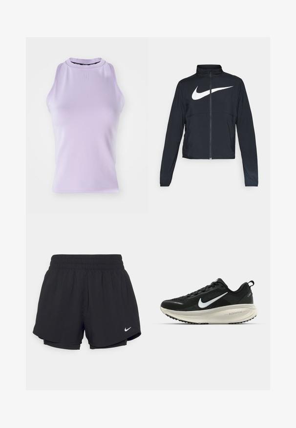 Giacca sportiva nera con zip completa, colletto alto, maniche lunghe e grande logo swoosh bianco Nike sul petto.; Top senza maniche lilla con colletto alto, texture a coste e un logo discreto. Tessuto liscio, forma aderente e senza decorazioni.; Shorts sportivi neri con un elastico arricciato in vita, fodera interna e logo Nike bianco sul lato sinistro in basso. Tessuto liscio e leggero.; Scarpa da corsa nera Nike con tomaia in rete traspirante, logo Swoosh bianco, dettagli testurizzati e intersuola ZoomX di colore crema.