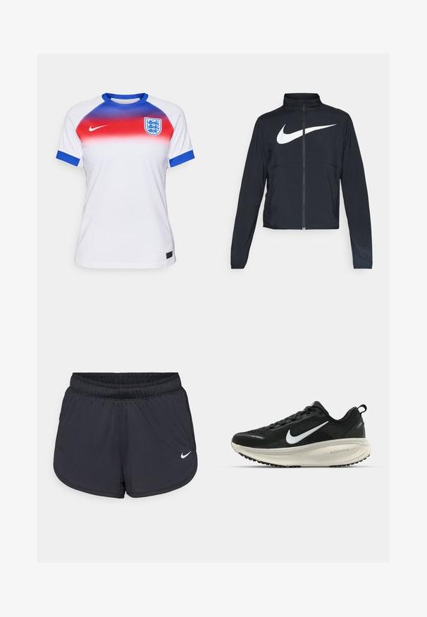 Melnā sporta jaka ar pilnu rāvējslēdzēju, augstu apkakli, garām piedurknēm un lielu baltu Nike swoosh logotipu krūšu daļā.; Balts sporta krekls ar gradienta dizainu, kas pāriet no sarkanā līdz zilajam plecos. Tam ir zilas akcentu detaļas uz piedurknēm un emblēma.; Melnas sporta šortses ar elastīgu jostu, sportiska dizaina un baltu Nike logotipu apakšējā priekšpusē. Teksturēts audums.; Melnas Nike skriešanas kurpes ar elpojošu acs augšdaļu, baltu Swoosh logotipu, strukturētu apdari un krēmkrāsas ZoomX starpsole.