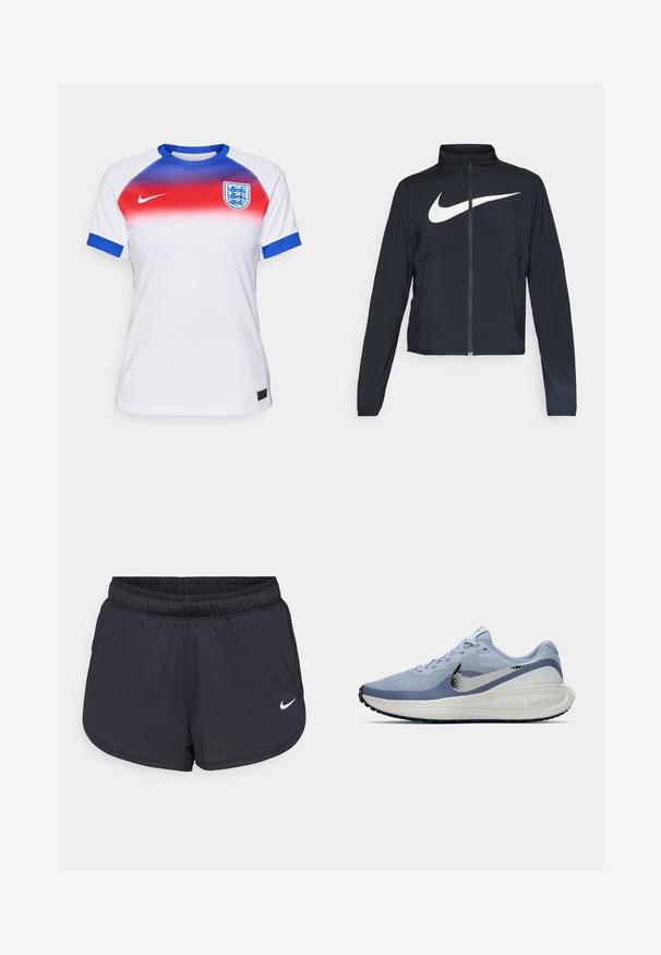 Černá sportovní bunda na zip s vysokým límcem, dlouhými rukávy a velkým bílým logem Nike swoosh přes prsa.; Bílý sportovní dres s přechodovým designem, který se mění z červené na modrou na ramenou. Obsahuje modré akcenty na manžetách a erb.; Černé atletické šortky s elastickým pasem, sportovním designem a bílým logem Nike na spodní přední straně. Texturovaná látka.; Světle modrá a bílá běžecká bota Nike se stříbrným logem swoosh, prodyšným síťovaným svrškem, polstrovanou podešví a černým vzorem na podrážce.