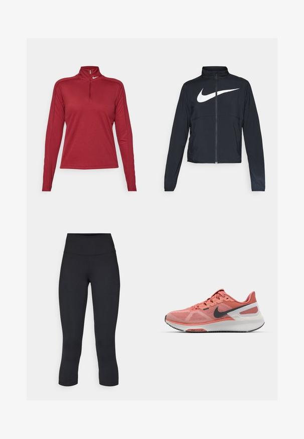 Giacca sportiva nera con zip completa, colletto alto, maniche lunghe e grande logo swoosh bianco Nike sul petto.; Maglietta sportiva rossa a maniche lunghe con collo alto e zip a metà. Caratterizzata da un tessuto morbido e leggero e cuciture a contrasto lungo le maniche.; Leggings cropped neri realizzati in tessuto elasticizzato, con vita alta e texture liscia, senza motivi o componenti visibili.; Scarpa da corsa Nike in mesh rosa chiaro con accenti grigi, punta arrotondata, intersuola bianca ammortizzata e suola esterna nera in gomma.