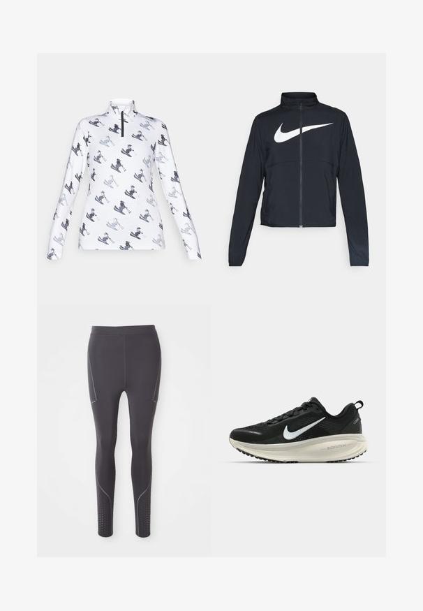Czarna bluza sportowa na zamek błyskawiczny z wysokim kołnierzem, długimi rękawami i dużym białym logo Nike na klatce piersiowej.; Spyder - Bluzka z długim rękawem; Czarne legginsy sportowe wykonane z elastycznego materiału, z subtelnymi szarymi akcentami, bocznymi panelami i perforowanymi wzorami na kostkach.; Czarna biegowa półbut z oddychającej siateczki, białym logo swoosh, teksturowanymi detalami oraz kremową podeszwą środkową ZoomX.