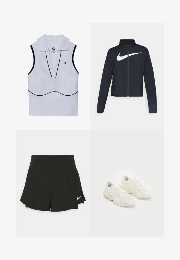 Schwarze Sportjacke mit vollem Reißverschluss, hohem Kragen, langen Ärmeln und großem weißen Nike-Swoosh-Logo auf der Brust.; Weißes ärmelloses Sportoberteil mit einem Kragen-Ausschnitt, tiefem V-Ausschnitt, schwarzer Einfassung und einem kleinen Logo in der oberen linken Ecke.; Schwarze Sportshorts mit weitem Bund, Falten-Details, geschwungenem Saum und weißem Nike-Logo auf der unteren rechten Seite.; Weiße Sportschuhe aus Mesh- und synthetischen Materialien, Schnürdesign, gepolsterter Kragen und strukturiertes Profil für besseren Grip. Leichte Bauweise.