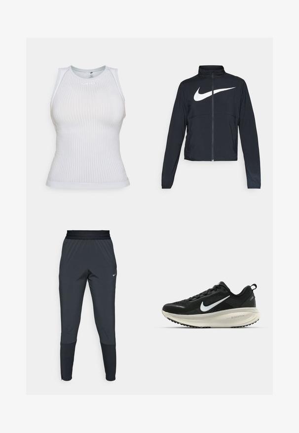 Giacca sportiva nera con zip completa, colletto alto, maniche lunghe e grande logo swoosh bianco Nike sul petto.; Top aderente bianco senza maniche con texture a costine, scollatura rotonda e dettagli del logo sottili. Tessuto morbido e design minimalista.; Pantaloni sportivi Nike di colore grigio scuro, caratterizzati da un design con gamba affusolata, vita elasticizzata e dettagli decorativi vicino ai polsini.; Scarpa da corsa nera Nike con tomaia in rete traspirante, logo Swoosh bianco, dettagli testurizzati e intersuola ZoomX di colore crema.