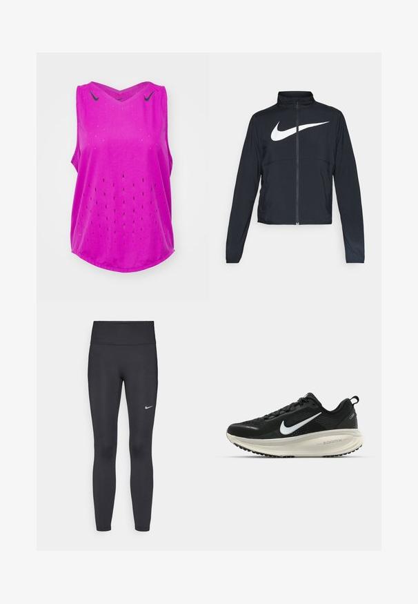 Svart joggebund med hel glidelås, høy krage, lange ermer og stort hvitt Nike swoosh-logo over brystet.; Nike Performance AEROSWIFT SINGLET - Topper - hot fuchsia/black; Sorte leggings laget av elastisk stoff, med høy livlinje og en hvit Nike-logo på venstre lår. Glatt tekstur, kroppsnær passform.; Svart Nike løpesko med pustende mesh-overdel, hvit swoosh-logo, teksturert detaljer og en kremfarget ZoomX mellomsåle.