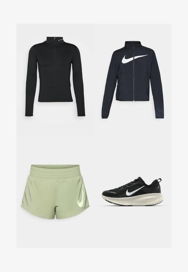 Svart joggebund med hel glidelås, høy krage, lange ermer og stort hvitt Nike swoosh-logo over brystet.; Svart langermet baselag med høy krage og kvart-glidelås. Glatt tekstur og tilpasset design for optimal ytelse.; Lys grønne treningsshorts med elastisk midjebånd, med en fremtredende hvit Nike swoosh-logo på nedre høyre side.; Svart Nike løpesko med pustende mesh-overdel, hvit swoosh-logo, teksturert detaljer og en kremfarget ZoomX mellomsåle.