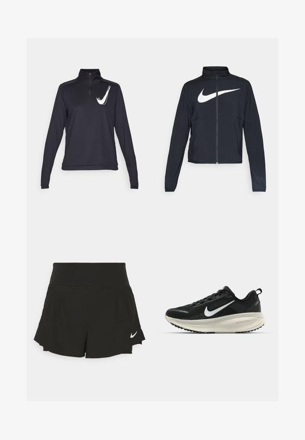 Schwarze Sportjacke mit vollem Reißverschluss, hohem Kragen, langen Ärmeln und großem weißen Nike-Swoosh-Logo auf der Brust.; Schwarzer Pullover mit langen Ärmeln, einem Viertelreißverschluss und weißem Logo-Akzent. Hergestellt aus glattem, dehnbarem Material mit einem lässigen Schnitt und flachen Nähten.; Schwarze Sportshorts mit weitem Bund, Falten-Details, geschwungenem Saum und weißem Nike-Logo auf der unteren rechten Seite.; Schwarzer Nike-Laufschuh mit atmungsaktivem Mesh-Obermaterial, weißem Swoosh-Logo, strukturierten Details und einer cremefarbenen ZoomX-Zwischensohle.