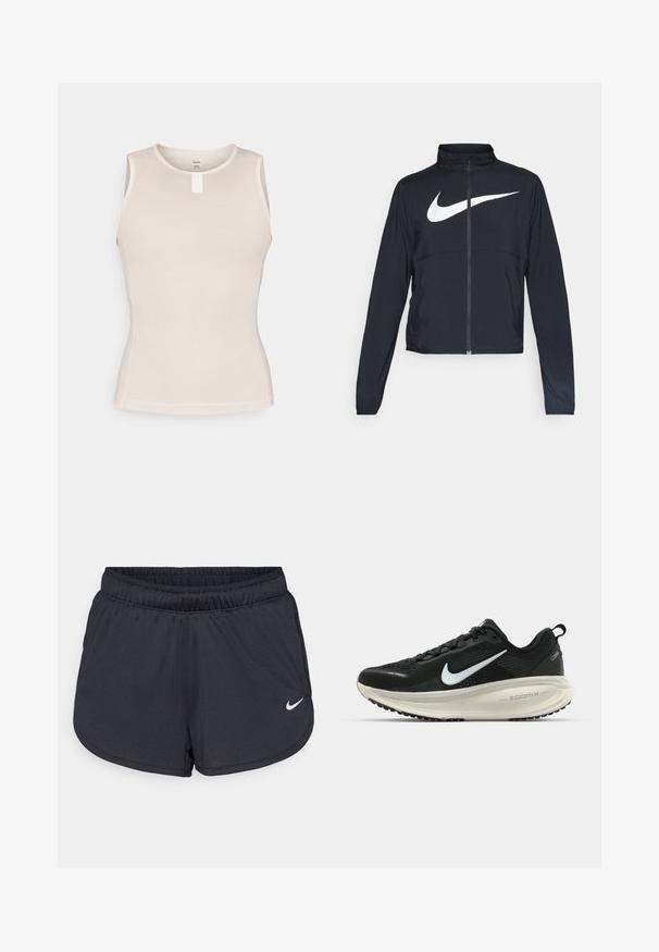 Musta urheilutakki, jossa on täysivetoketju, korkea kaulus, pitkät hihat ja suuri valkoinen Nike-tikkauksella rintaosa.; Hihaton topi vaaleassa beigen värissä, jossa on teksturoitu verkkomuotoilu, pyöreä kaula-aukko ja pieni valkoinen etiketti keskellä selkäpuolella.; Mustat urheilushortsit, jotka on valmistettu kevyestä ja hengittävästä kankaasta. Sisältää joustavan vyötärönauhan ja valkoisen Nike-logon oikeassa alareunassa.; Mustat Nike-juoksukengät, joissa on hengittävä verkko-osa, valkoinen swoosh-logo, teksturoitu yksityiskohtaus ja kermaisen värinen ZoomX-välipohja.