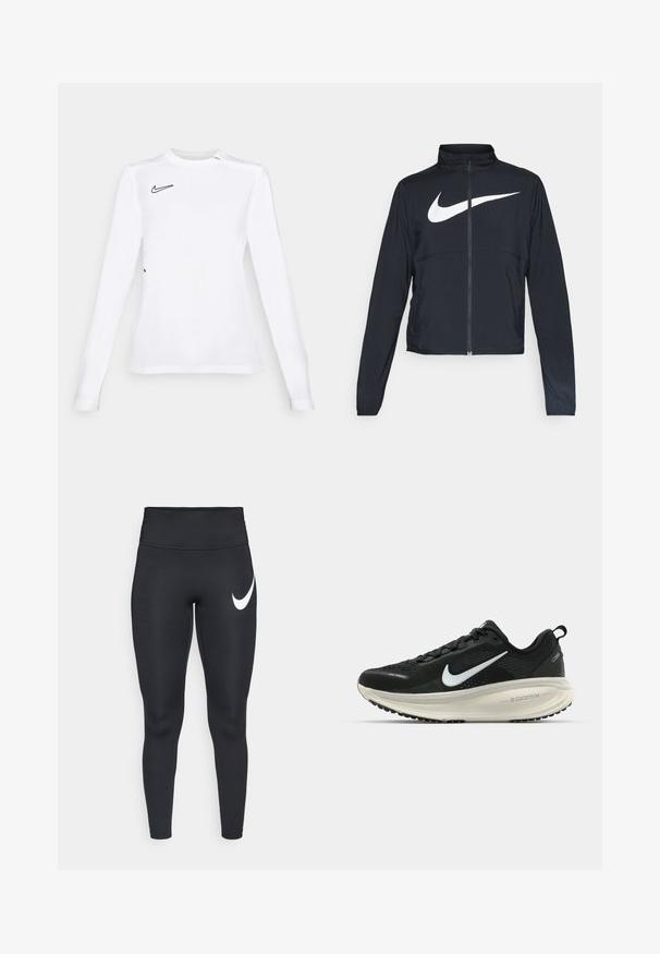 Schwarze Sportjacke mit vollem Reißverschluss, hohem Kragen, langen Ärmeln und großem weißen Nike-Swoosh-Logo auf der Brust.; Langarmiges weißes Sportshirt aus atmungsaktivem Material, mit einem schwarzen Nike Swoosh-Logo auf der oberen linken Seite. Glatte Textur, körperbetontes Design.; Schwarze hochgeschnittene Sportleggings mit einem weißen Nike-Swoosh-Logo auf dem linken Oberschenkel vor einem weißen Hintergrund.; Schwarzer Nike-Laufschuh mit atmungsaktivem Mesh-Obermaterial, weißem Swoosh-Logo, strukturierten Details und einer cremefarbenen ZoomX-Zwischensohle.