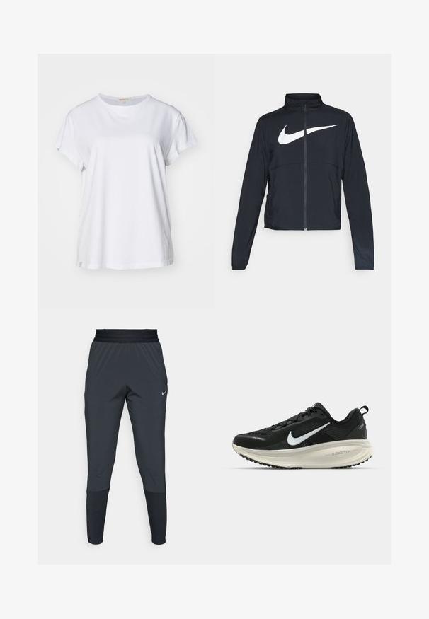 Musta urheilutakki, jossa on täysivetoketju, korkea kaulus, pitkät hihat ja suuri valkoinen Nike-tikkauksella rintaosa.; Yogasearcher NAMASTE - Printtipaita - white; Nike urheiluhaalareita tummanharmaana, joissa on kapeneva lahjesuunnittelu, joustava vyötärö ja korostedetaileja lahkeiden läheisyydessä.; Mustat Nike-juoksukengät, joissa on hengittävä verkko-osa, valkoinen swoosh-logo, teksturoitu yksityiskohtaus ja kermaisen värinen ZoomX-välipohja.