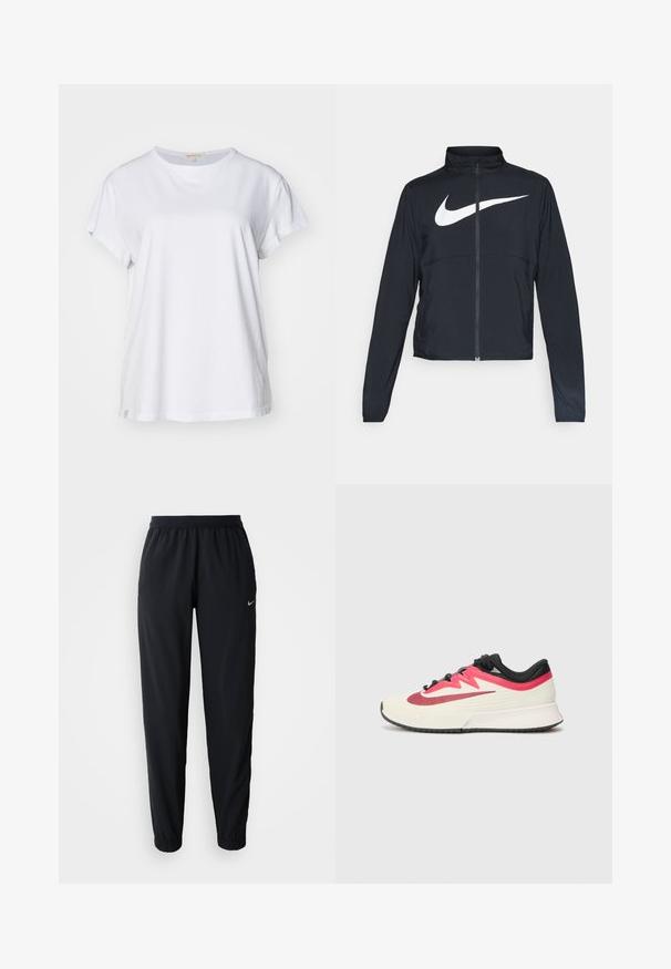 Must musta täispikk vary hoodie kõrge krae, pikad varrukad ja suur valge Nike swooshi logo rinnal.; Yogasearcher NAMASTE - Trükipildiga T-särk - white; Mustad mustad Nike track-püksid elastse vöödiga, kitseneva säärega ja mansetiga põlvedes, millel on õrn tekstuuriga muster ja logodetail.; Jooksutossud kreemja ülahja ja punaste ning mustade aktsentidega, millel on tekstuuriline pind. Omab musti paelu ja pehmendatud tallat, et tagada mugavus.