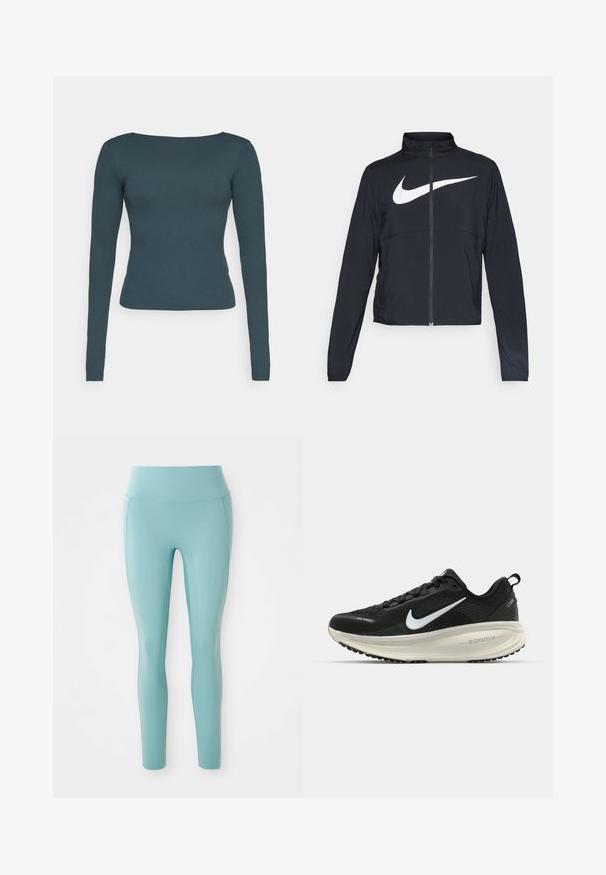 Zwarte sportjas met volledige rits, hoge kraag, lange mouwen en groot wit Nike swoosh-logo op de borst.; Langsleeve top in donker teal, met een ronde halslijn, slim fit en zachte, rekbare stof. Geen patronen of versieringen zichtbaar.; Lichtblauwe legging van rekbaar materiaal, met een hoge tailleband en een glad, onopvallend ontwerp zonder versieringen.; Zwarte Nike hardloopschoen met ademend mesh bovenwerk, witte swoosh-logo, gestructureerde details en een crèmekleurige ZoomX middenzool.