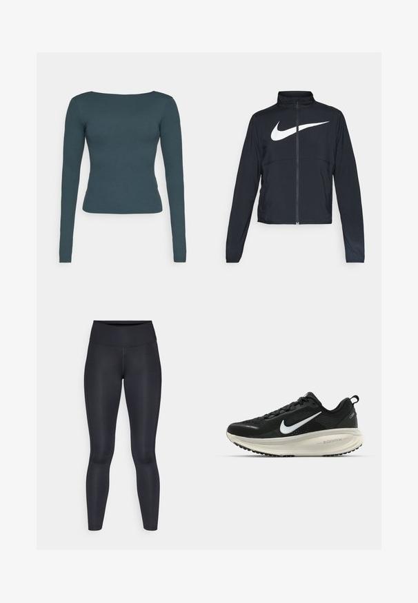 Giacca sportiva nera con zip completa, colletto alto, maniche lunghe e grande logo swoosh bianco Nike sul petto.; Top a maniche lunghe in verde scuro, con scollatura rotonda, vestibilità slim e tessuto morbido e elasticizzato. Nessun motivo o decorazione visibile.; Leggings neri realizzati in un tessuto liscio e elasticizzato. Vita alta senza motivi o dettagli visibili. Vestono aderenti dalla vita alle caviglie.; Scarpa da corsa nera Nike con tomaia in rete traspirante, logo Swoosh bianco, dettagli testurizzati e intersuola ZoomX di colore crema.