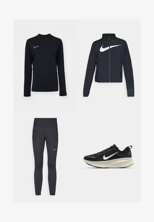 Melnā sporta jaka ar pilnu rāvējslēdzēju, augstu apkakli, garām piedurknēm un lielu baltu Nike swoosh logotipu krūšu daļā.; Melna garām piedurknēm sporta krekls, kas izgatavots no gludas auduma, ar apaļu izgriezumu un mazu baltu Nike logotipu kreisajā augšējā stūrī.; Melnas legingi, izgatavoti no elastīga auduma, ar augstu jostu un baltu Nike logotipu kreisajā augšstilbā. Gluda tekstūra, piegulošs dizains.; Melnas Nike skriešanas kurpes ar elpojošu acs augšdaļu, baltu Swoosh logotipu, strukturētu apdari un krēmkrāsas ZoomX starpsole.