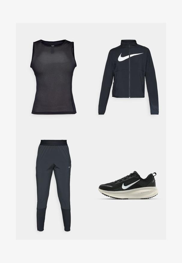Schwarze Sportjacke mit vollem Reißverschluss, hohem Kragen, langen Ärmeln und großem weißen Nike-Swoosh-Logo auf der Brust.; Schwarzes ärmelloses Performance-Top aus strukturiertem Netzmaterial. Verfügt über einen runden Hals, ein eng anliegendes Design und minimale Nähte.; Dunkle graue Nike Sporthosen mit einem schmal zulaufenden Bein-Design, elastischem Bund und Akzentdetails in der Nähe der Bündchen.; Schwarzer Nike-Laufschuh mit atmungsaktivem Mesh-Obermaterial, weißem Swoosh-Logo, strukturierten Details und einer cremefarbenen ZoomX-Zwischensohle.