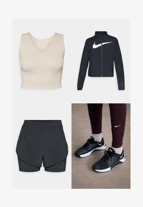 Giacca sportiva nera con zip completa, colletto alto, maniche lunghe e grande logo swoosh bianco Nike sul petto.; Canotta a coste di un beige chiaro con scollatura a V, forma aderente, spalline larghe e orlo senza cuciture, realizzata in un tessuto morbido e elastico.; Shorts sportivi neri con un design a strati, caratterizzati da uno strato esterno morbido e da pantaloni interni aderenti. Realizzati in tessuto leggero e elasticizzato.; Scarpe da ginnastica nere con una tomaia testurizzata e dettagli bianchi, dotate di lacci e un logo laterale. Indossate con leggings bordeaux e calze chiare.